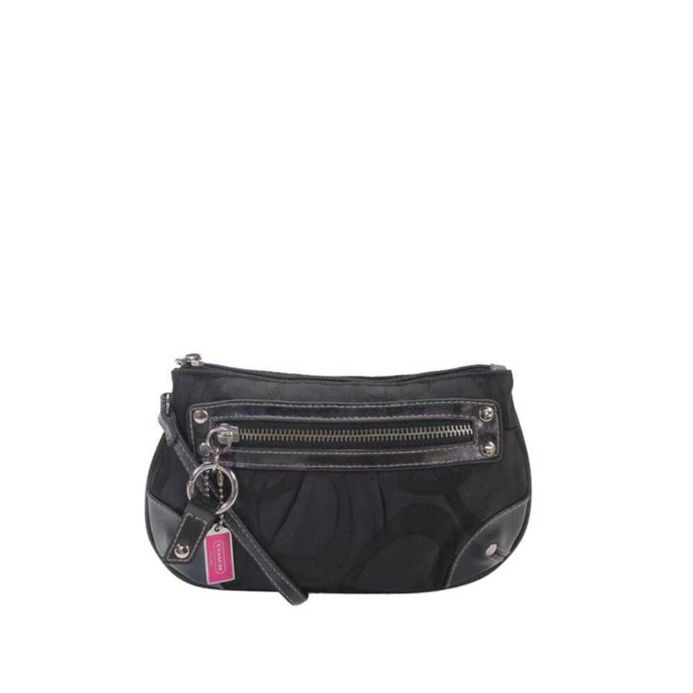 Coach Womens Leather Trim Canvas Monogram Wristlet Black
